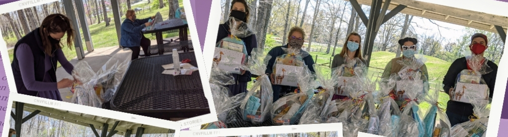 Collage of photos of volunteers assembling baby baskets