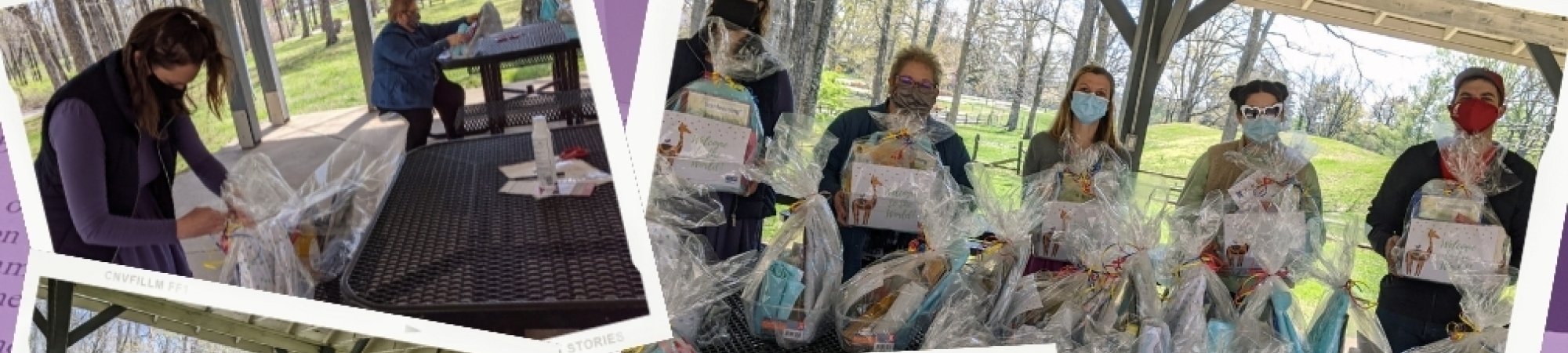 Collage of photos of volunteers assembling baby baskets