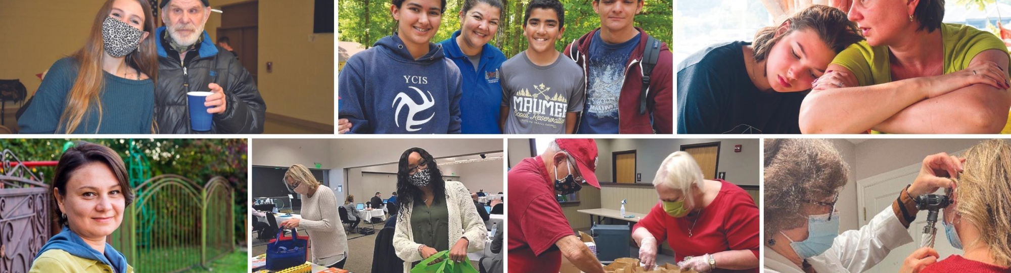 Photos of people volunteering, caring, and growing